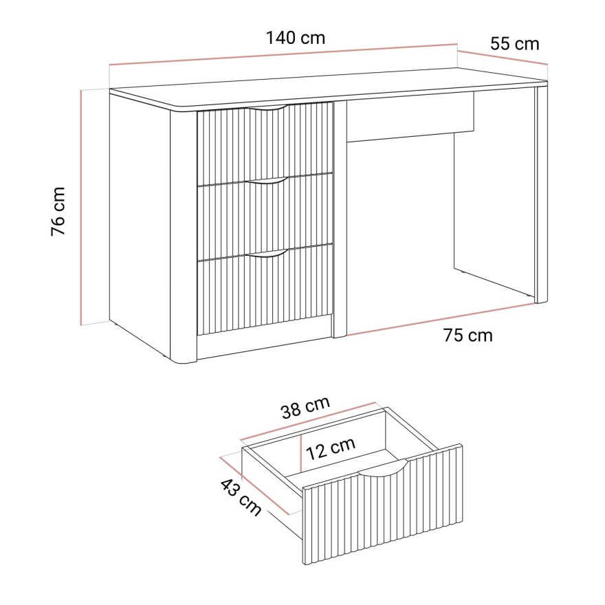 Schreibtisch SCARLETT mit geriffelten Schubladen