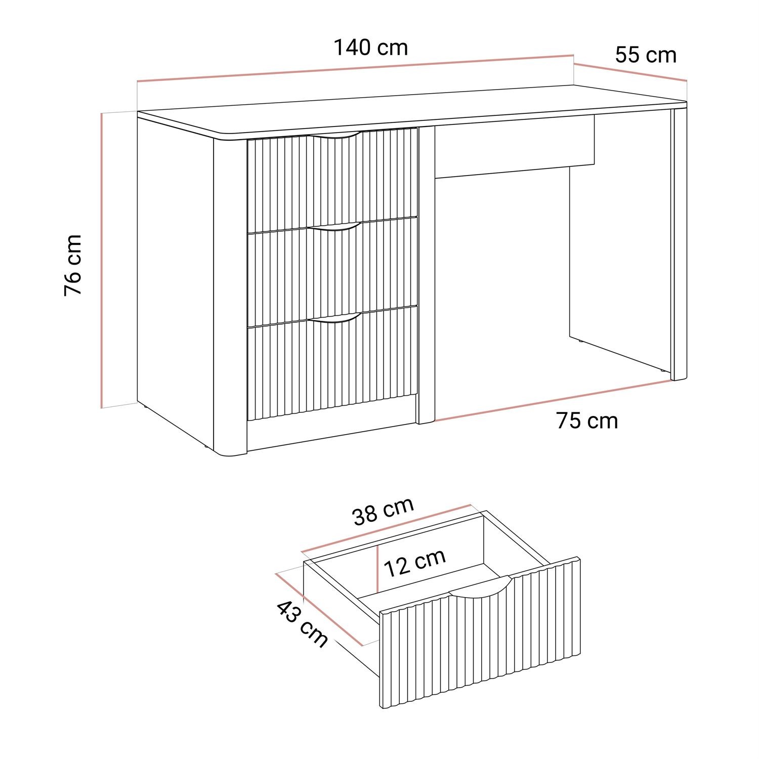 Schreibtisch SCARLETT mit geriffelten Schubladen