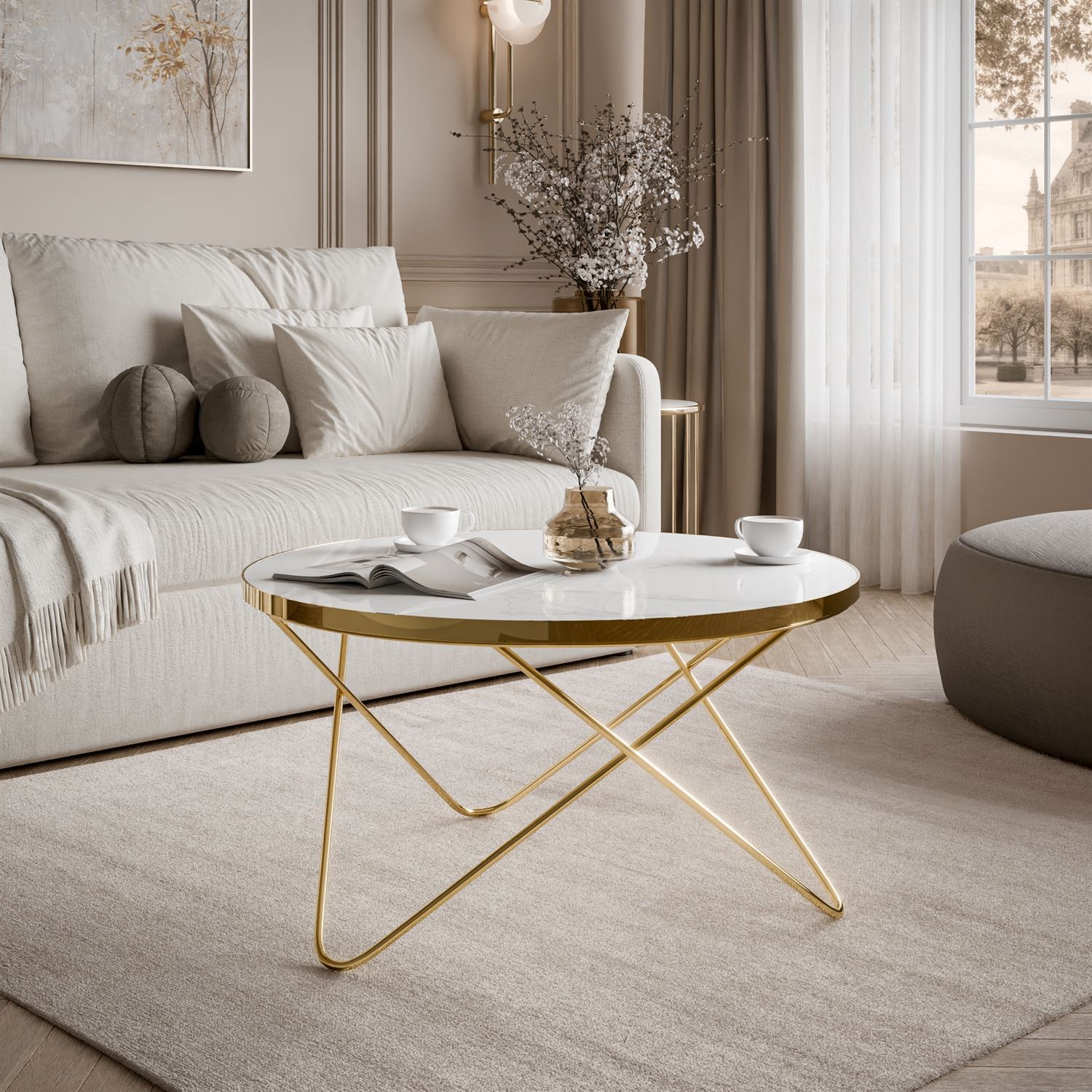 Couchtisch NORIEL mit goldenem Gestell und Marmorplatte