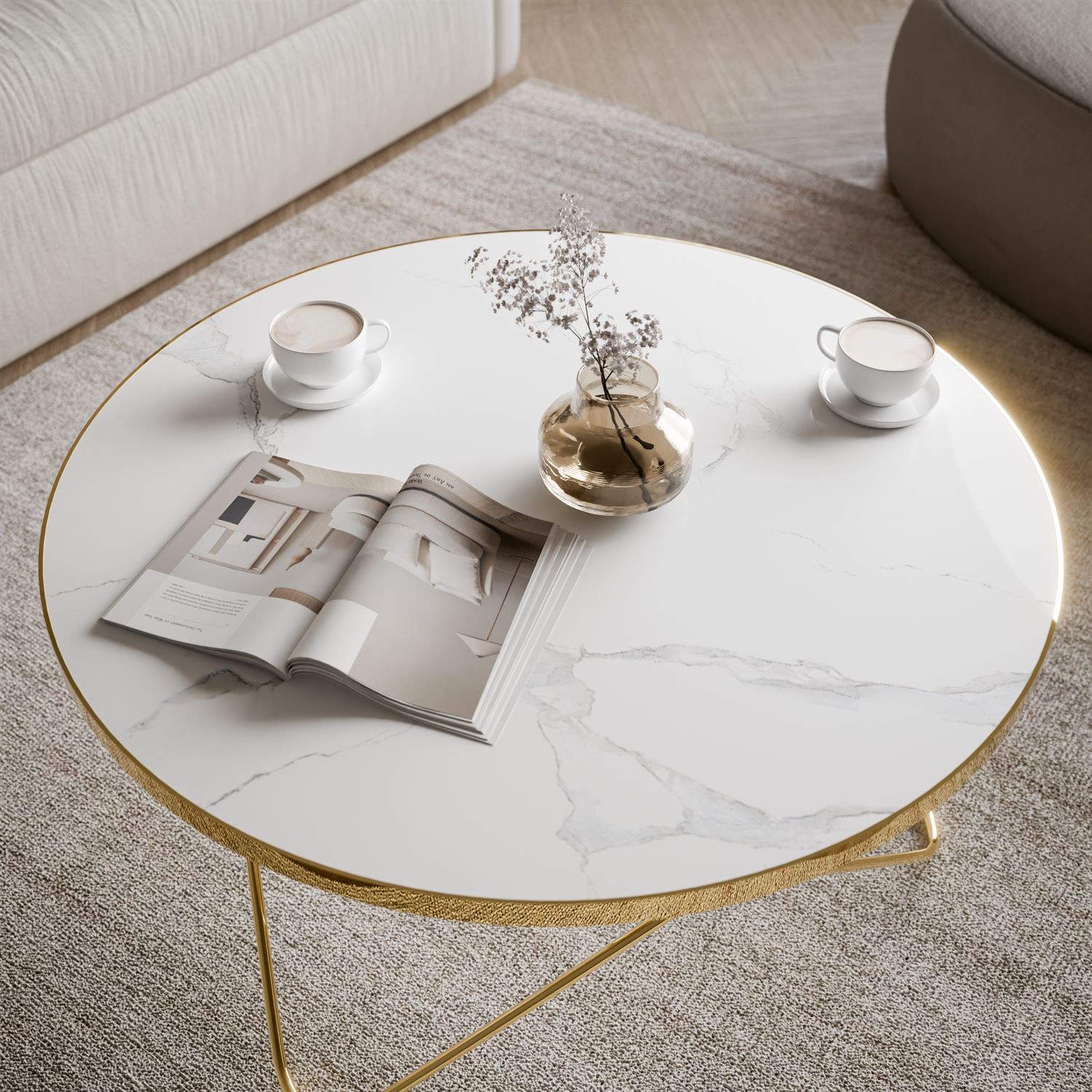 Couchtisch NORIEL mit goldenem Gestell und Marmorplatte