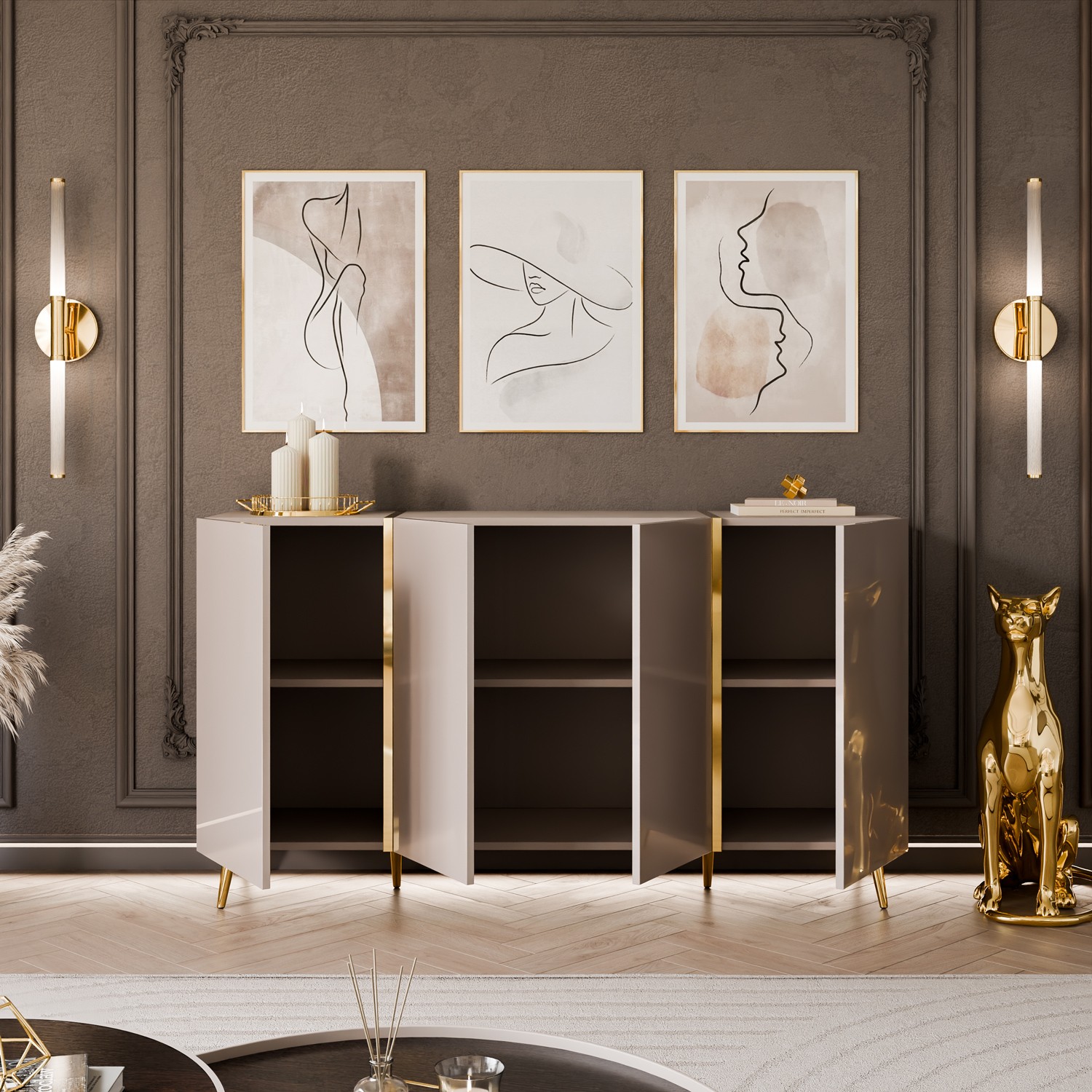 Kommode ONYX 4D Kaschmir auf goldenen Beinen Hochglanz 158 cm