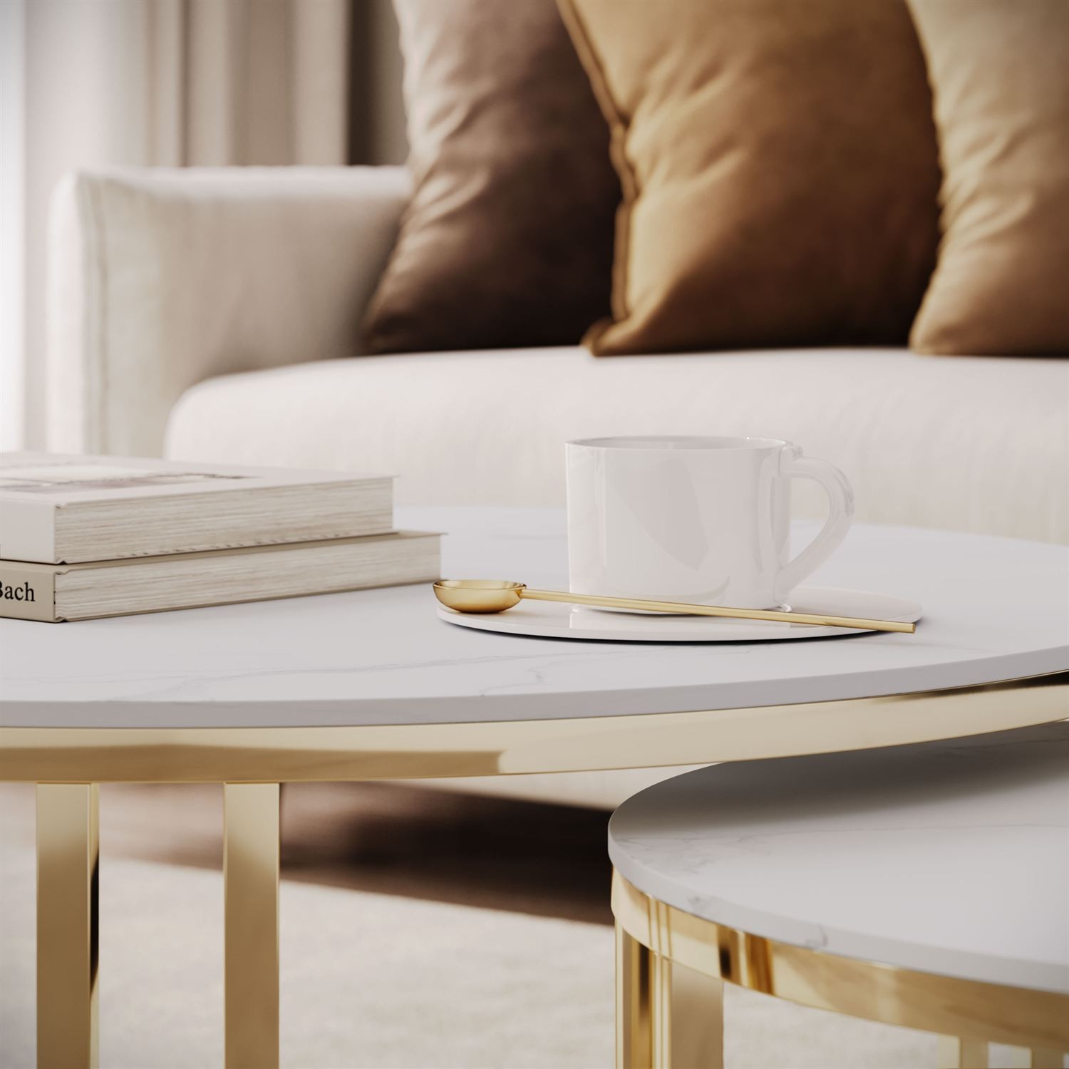 Couchtisch LIRA 2in1 mit goldenem Gestell und Marmorplatte