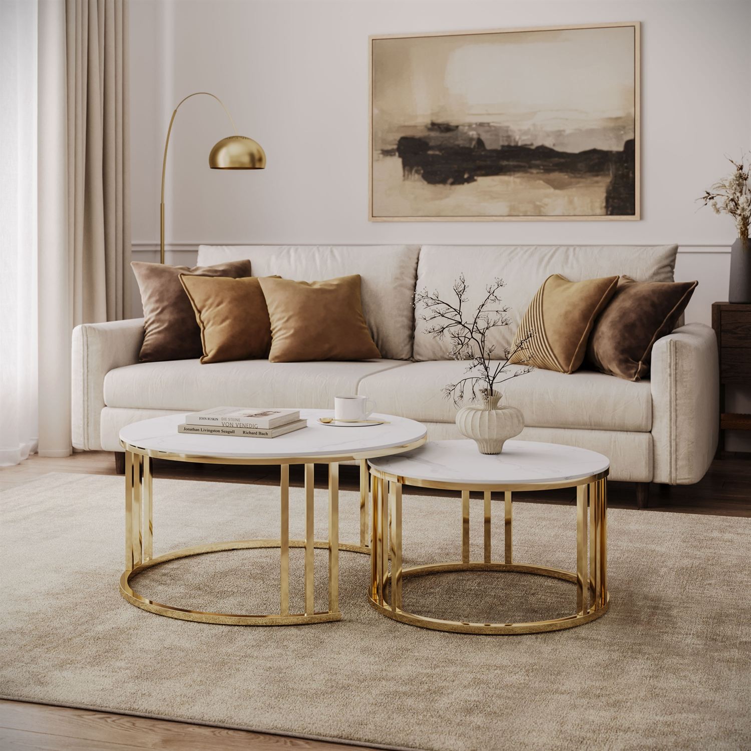 Couchtisch LIRA 2in1 mit goldenem Gestell und Marmorplatte