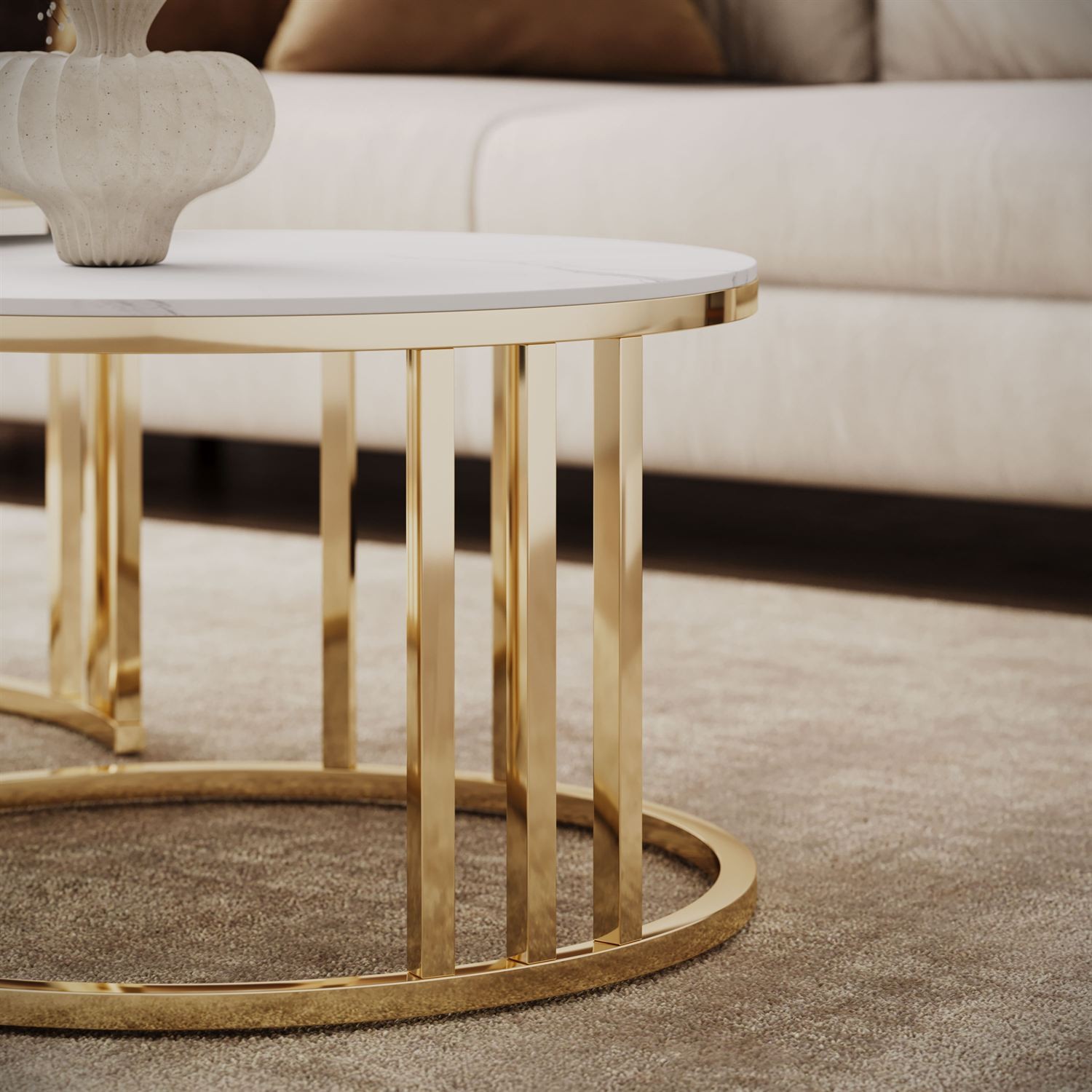 Couchtisch LIRA 2in1 mit goldenem Gestell und Marmorplatte