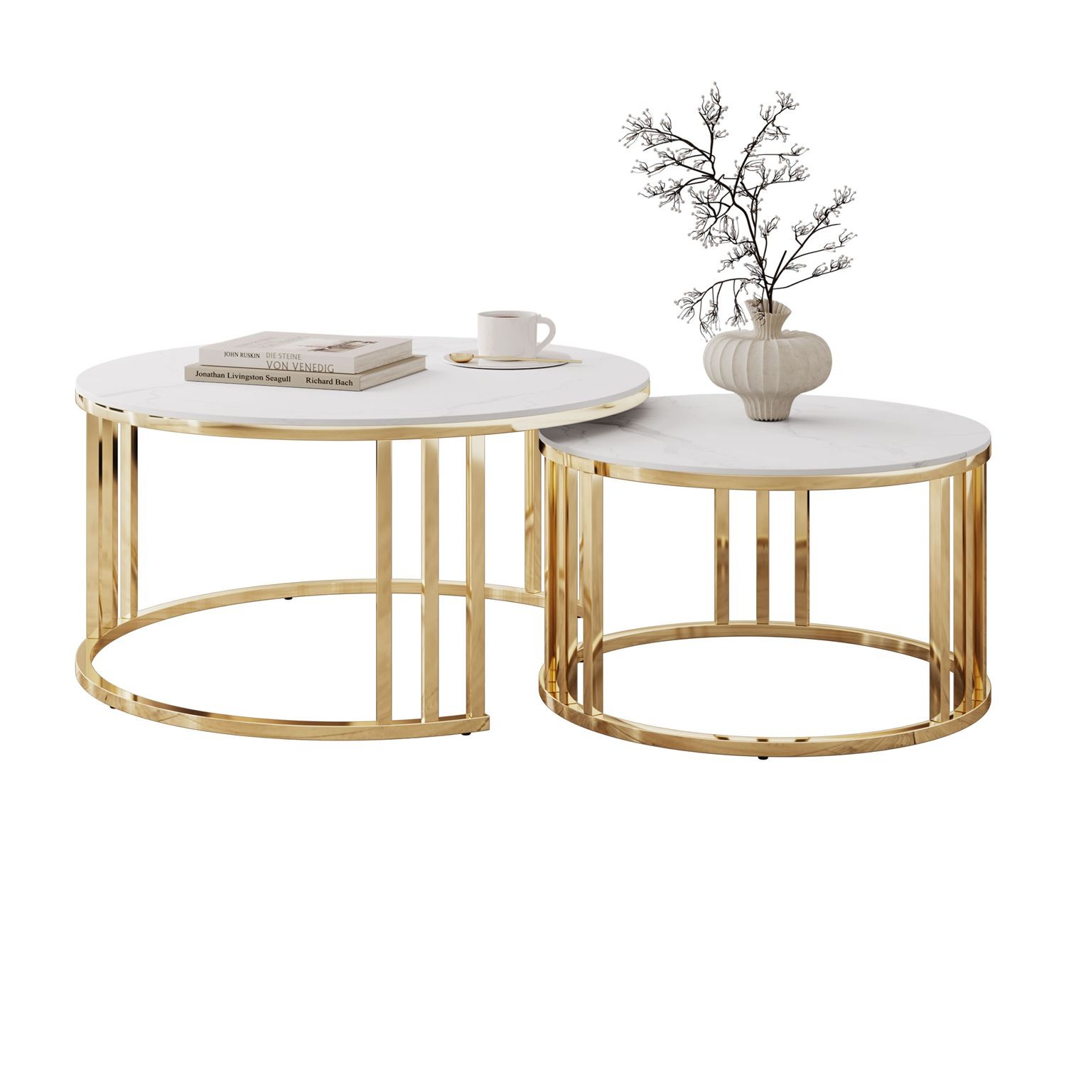 Couchtisch LIRA 2in1 mit goldenem Gestell und Marmorplatte