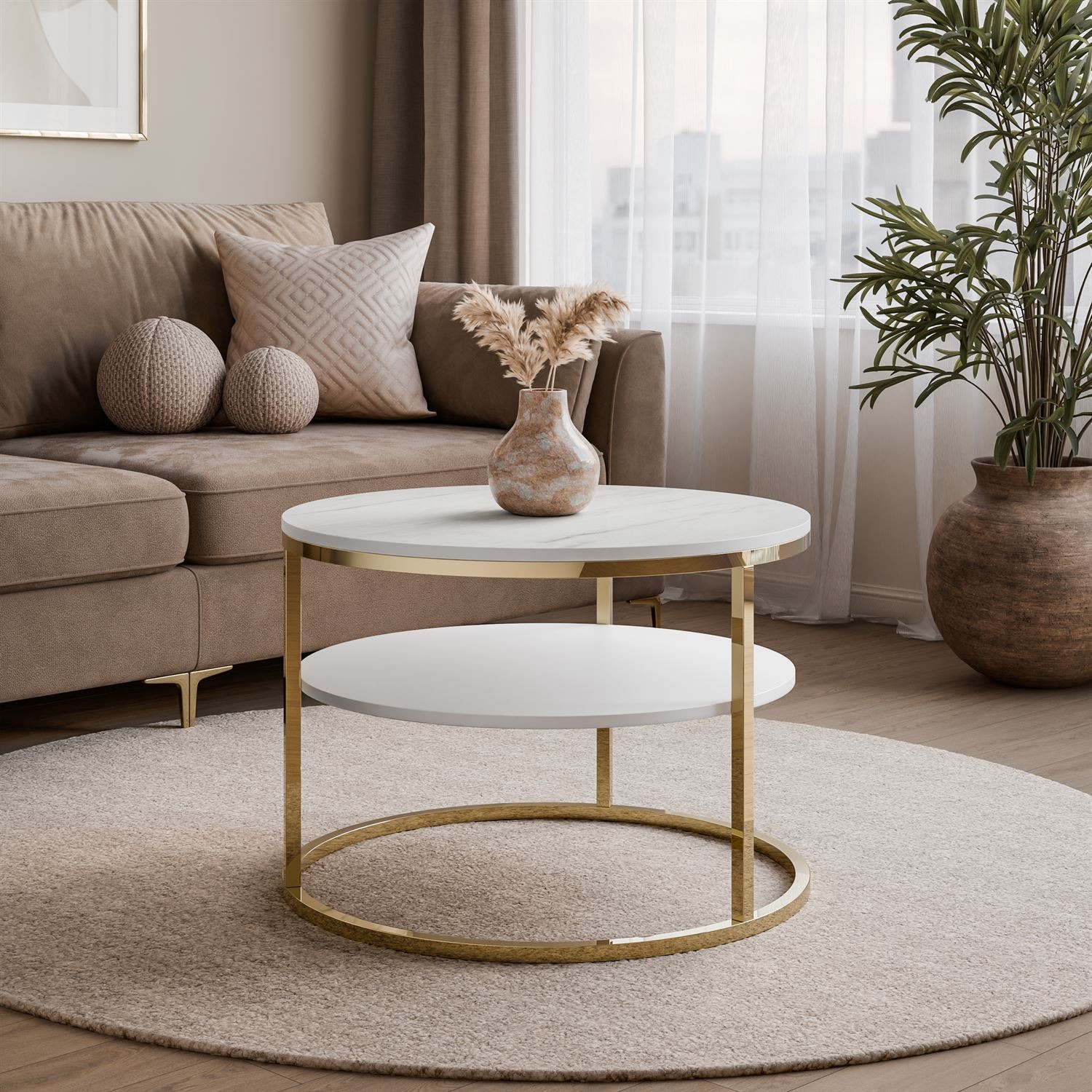 CIRI MAT Couchtisch mit Ablage und Gestell in Goldchrom