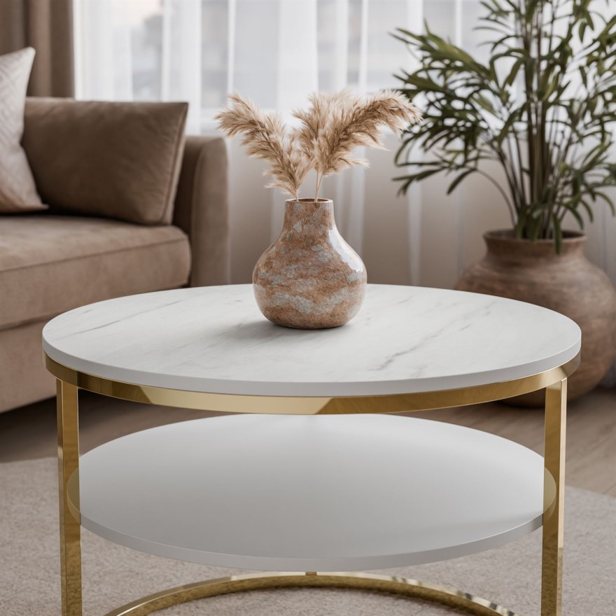 CIRI MAT Couchtisch mit Ablage und Gestell in Goldchrom