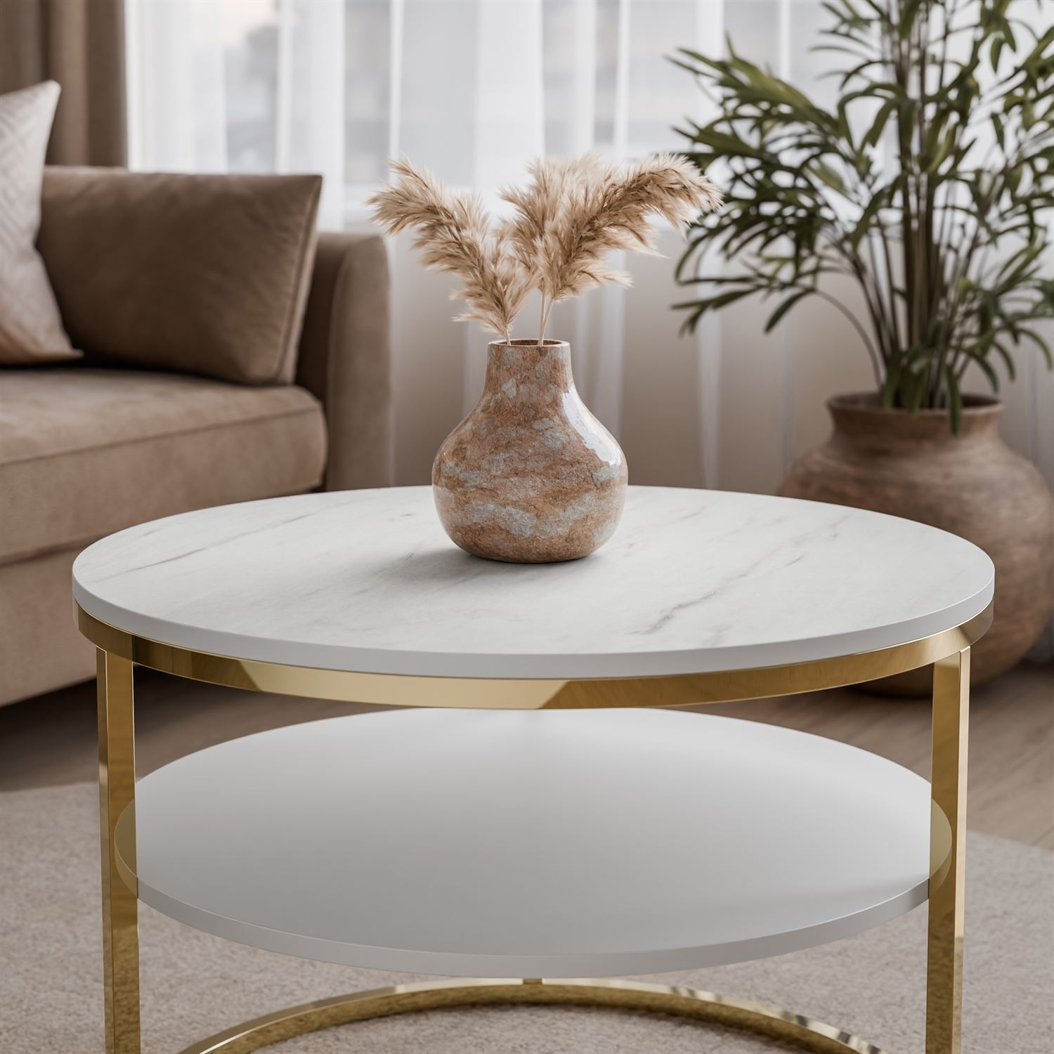 CIRI MAT Couchtisch mit Ablage und Gestell in Goldchrom