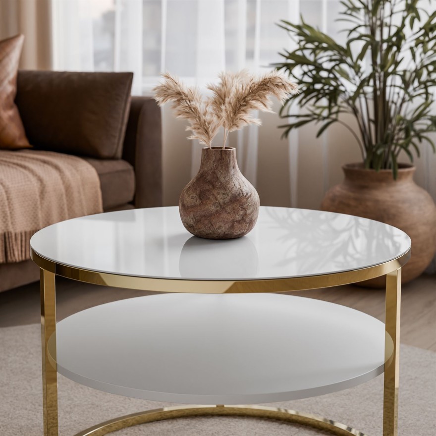 Couchtisch CIRI GLASS mit Ablage und Gestell in Goldchrom