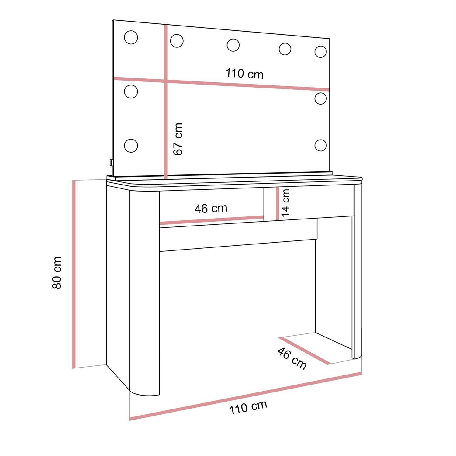 Schminktisch AVELINE ELITE mit Spiegel und LED-Beleuchtung