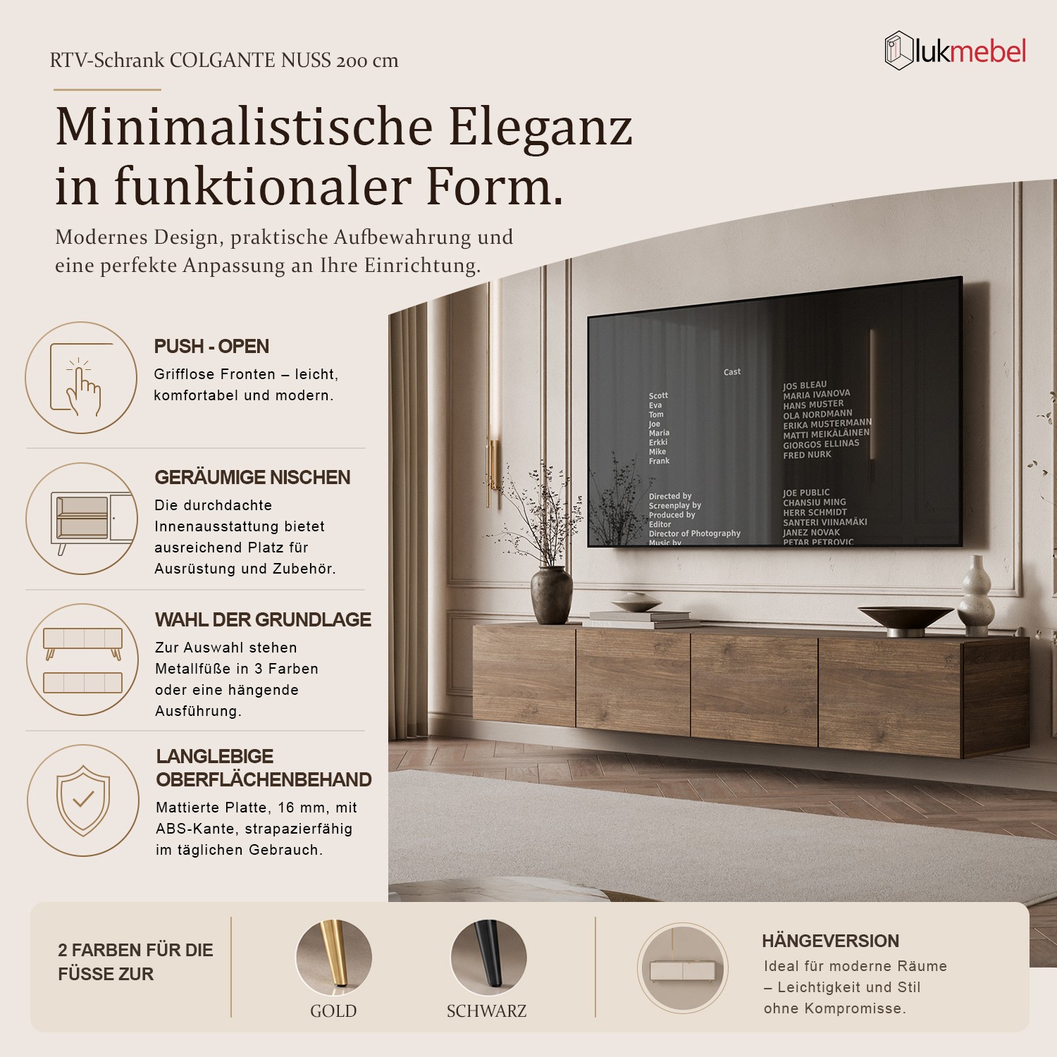 Hängender TV-Schrank COLGANTE NUSSBAUM 200 cm