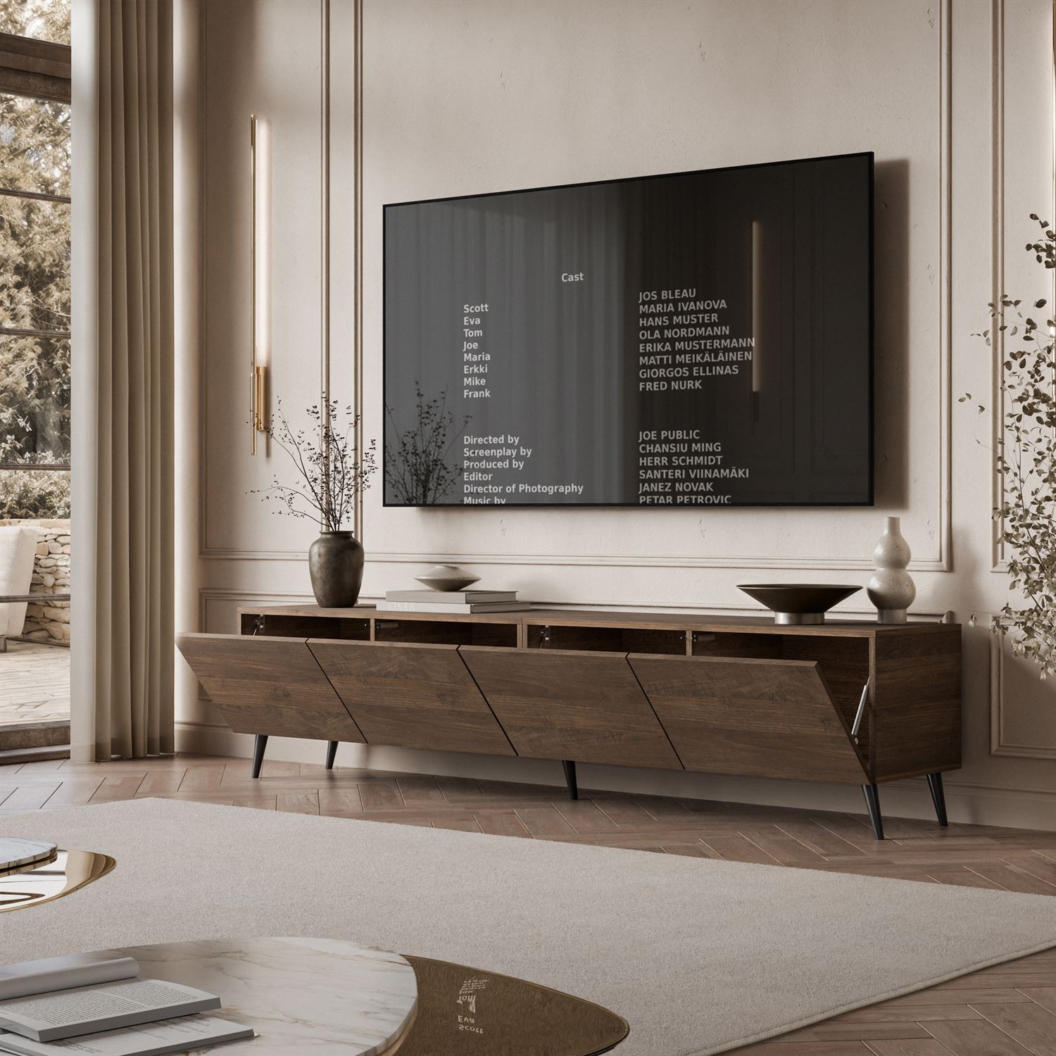 TV-Schrank COLGANTE in Nussbaum, 200 cm, auf hohen Füßen