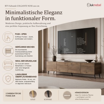 TV-Schrank COLGANTE in Nussbaum, 200 cm, auf hohen Füßen