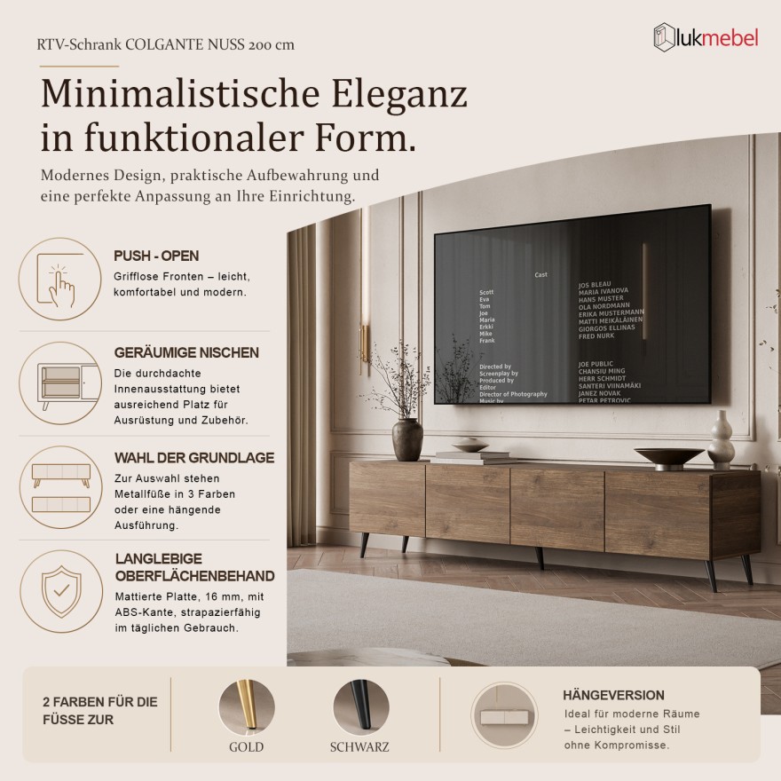 TV-Schrank COLGANTE in Nussbaum, 200 cm, auf hohen Füßen