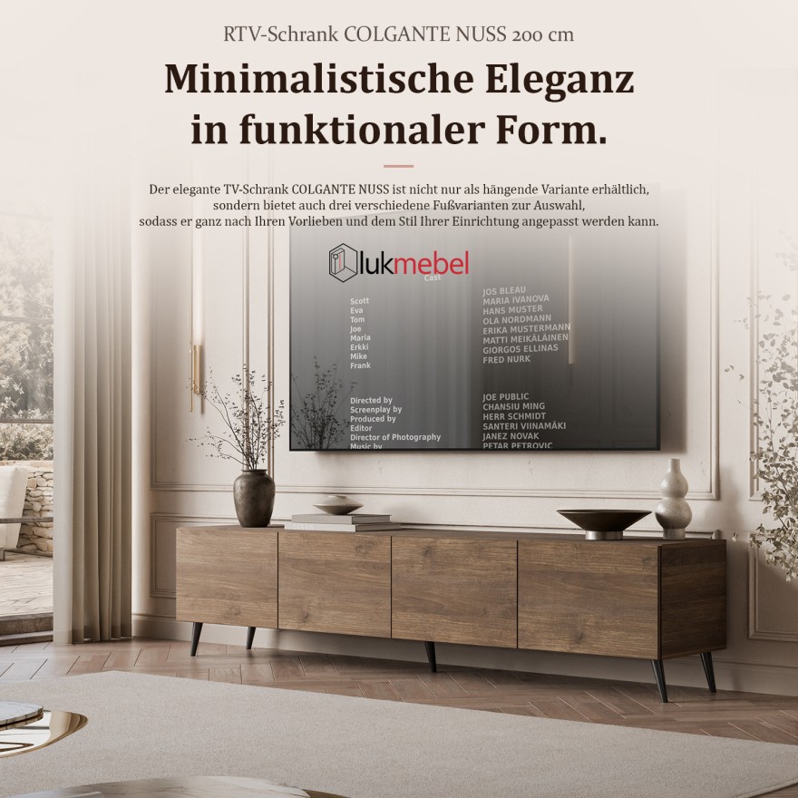 TV-Schrank COLGANTE in Nussbaum, 200 cm, auf hohen Füßen