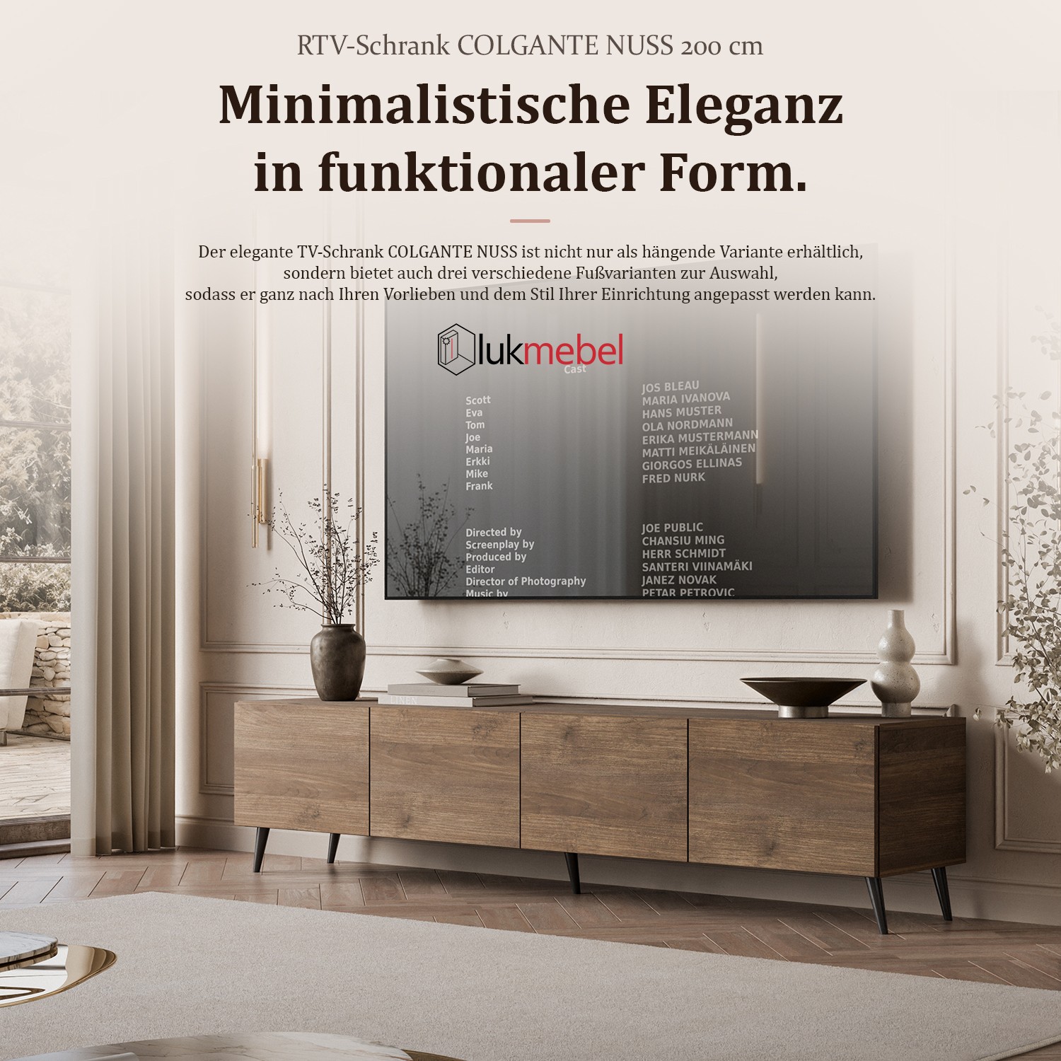 TV-Schrank COLGANTE in Nussbaum, 200 cm, auf hohen Füßen
