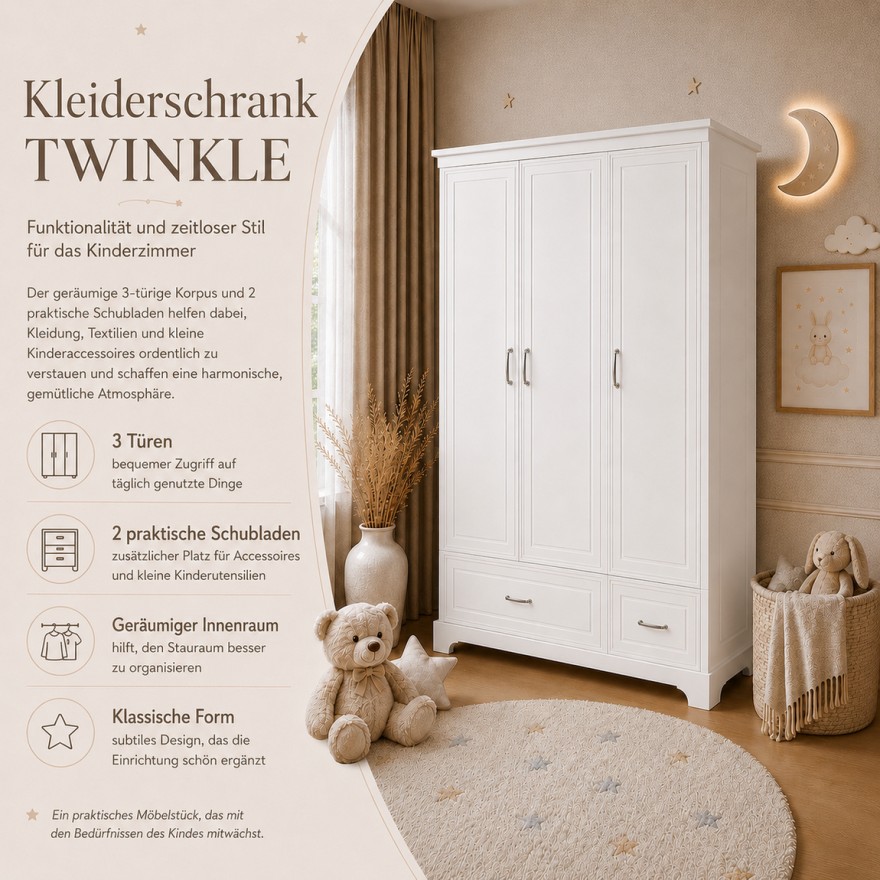 Dreitüriger Kleiderschrank TWINKLE für das Kinderzimmer