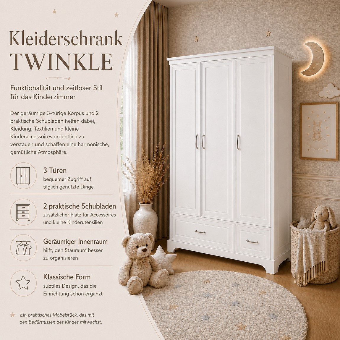 Dreitüriger Kleiderschrank TWINKLE für das Kinderzimmer