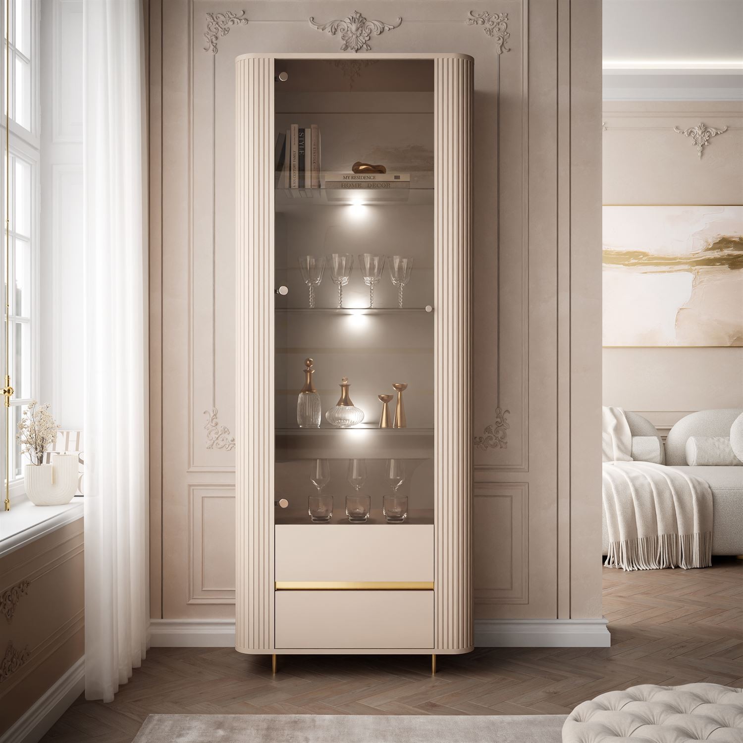 Vitrine MIRAGE GOLD mit LED-Beleuchtung und geriffelten Seitenwänden