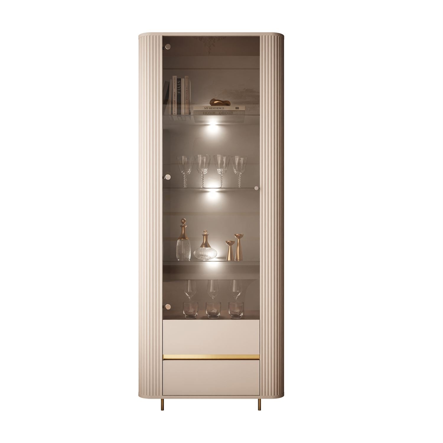 Vitrine MIRAGE GOLD mit LED-Beleuchtung und geriffelten Seitenwänden