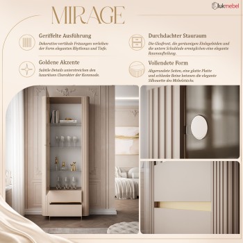 Vitrine MIRAGE GOLD mit LED-Beleuchtung und geriffelten Seitenwänden
