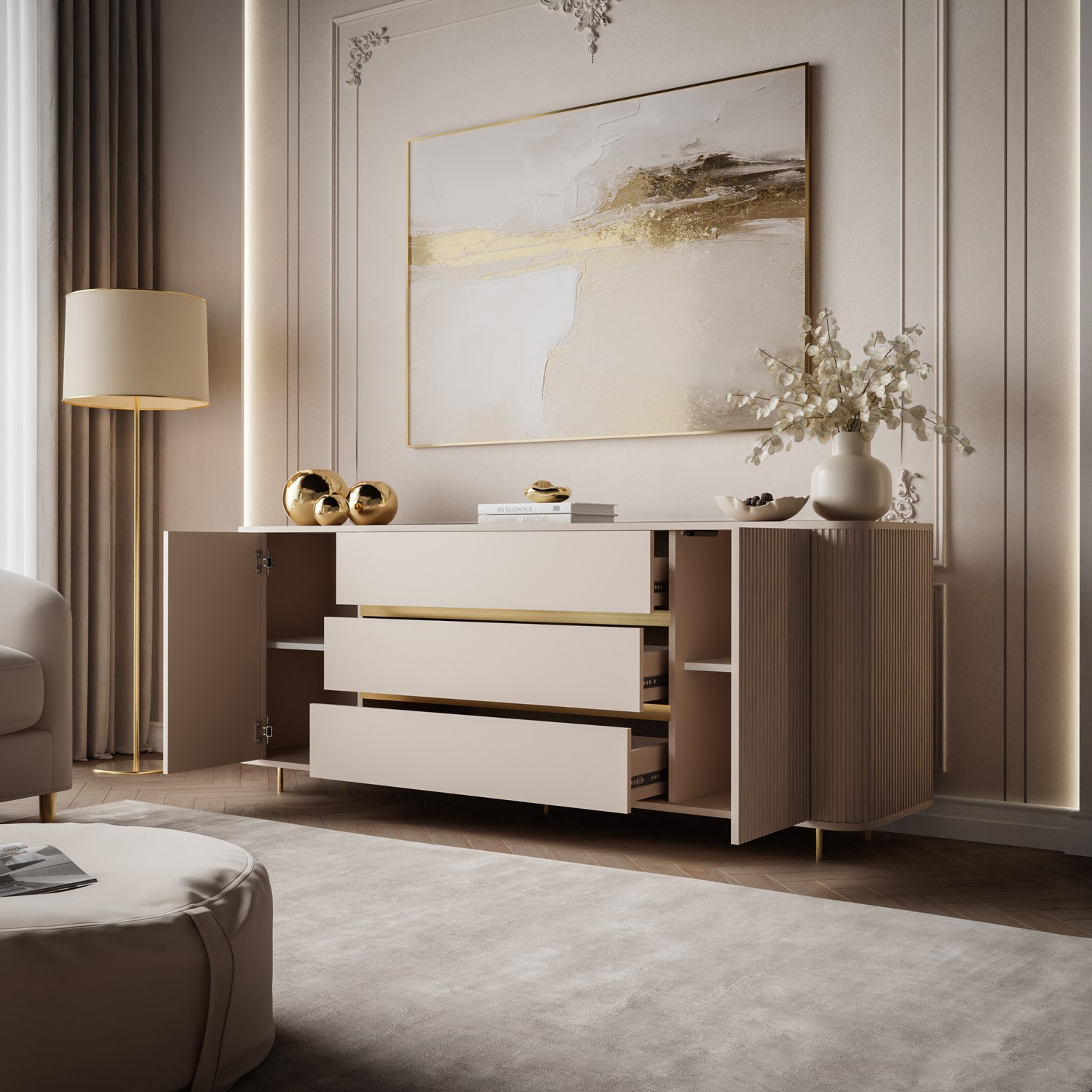 Kommode MIRAGE GOLD 2D3S mit geriffelten Seitenwänden und goldenen Details