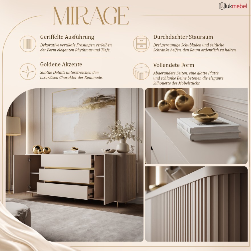 Kommode MIRAGE GOLD 2D3S mit geriffelten Seitenwänden und goldenen Details