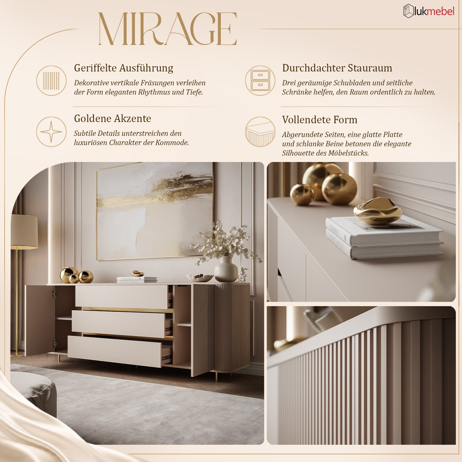 Kommode MIRAGE GOLD 2D3S mit geriffelten Seitenwänden und goldenen Details
