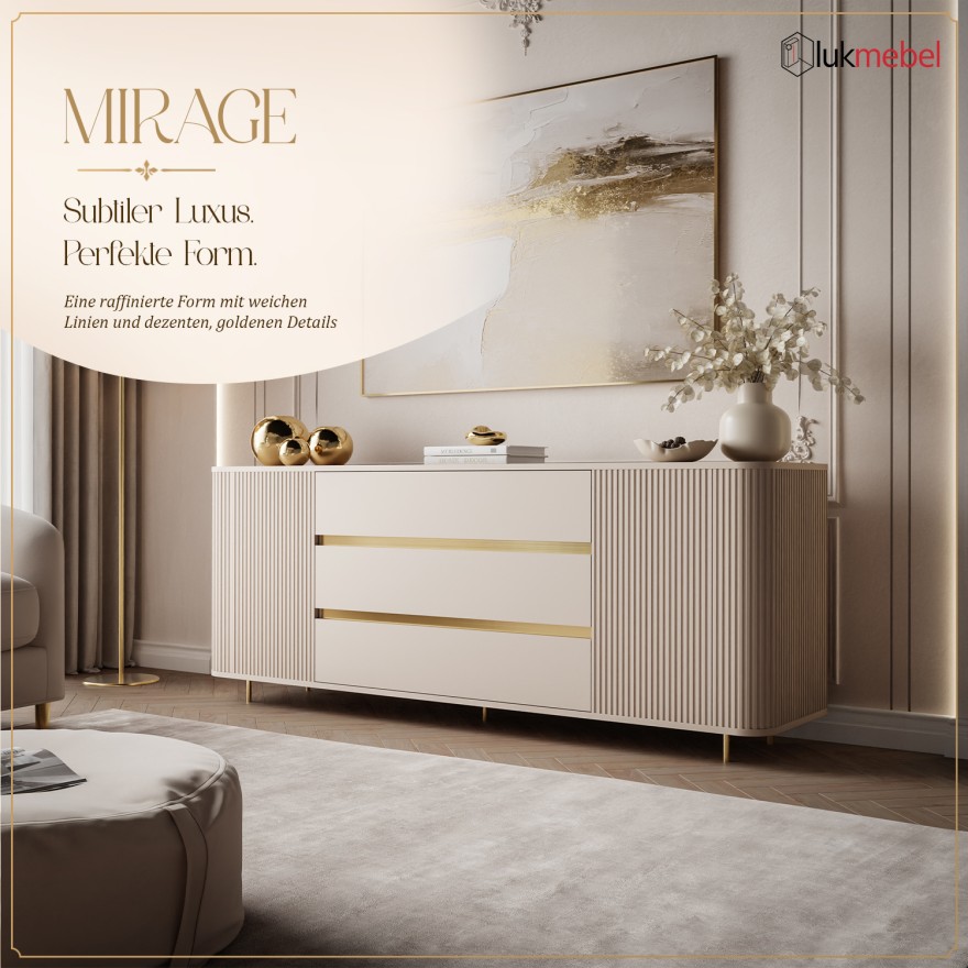 Kommode MIRAGE GOLD 2D3S mit geriffelten Seitenwänden und goldenen Details