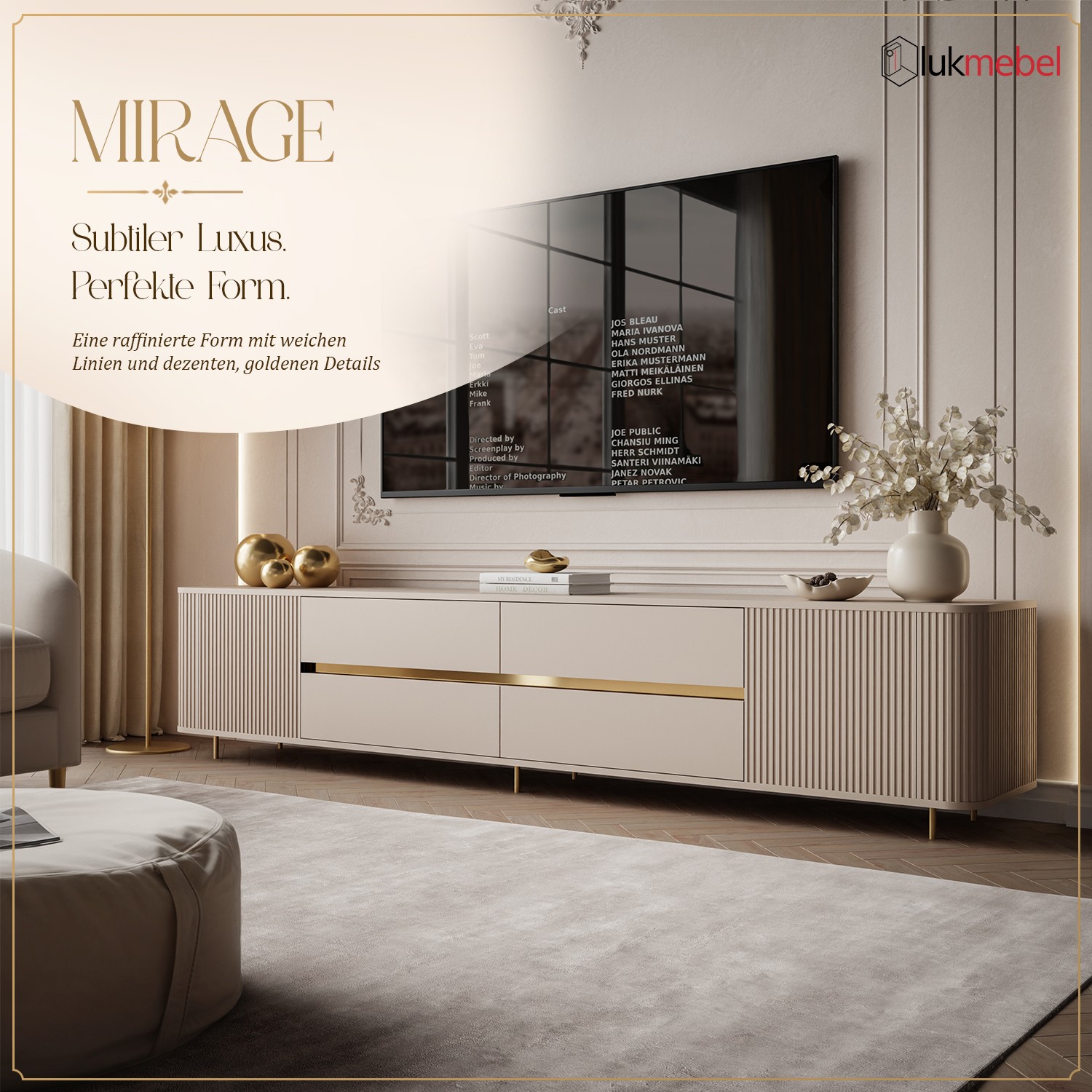 TV-Schrank MIRAGE GOLD, 240 cm, mit geriffelten Fronten