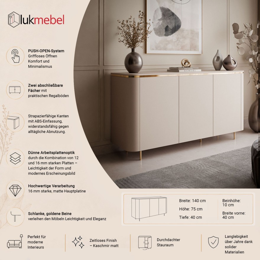 Kommode AVELINE 140 cm mit LED-Beleuchtung auf geraden Beinen