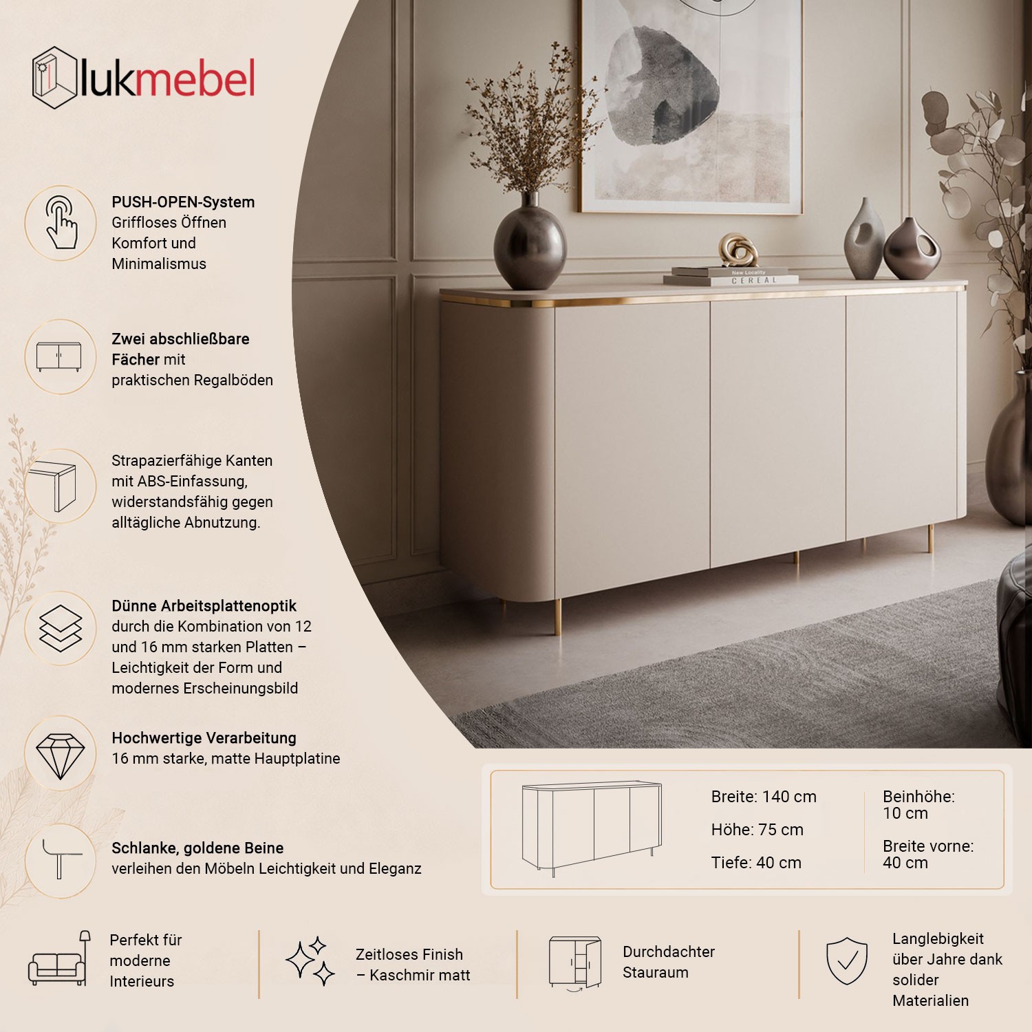 Kommode AVELINE 140 cm mit LED-Beleuchtung auf geraden Beinen