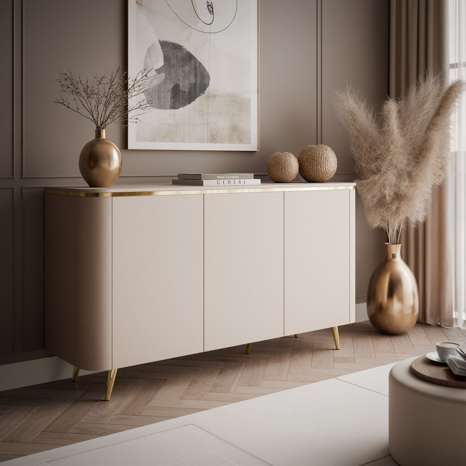 Kommode AVELINE 140 cm mit LED-Beleuchtung auf schrägen Beinen