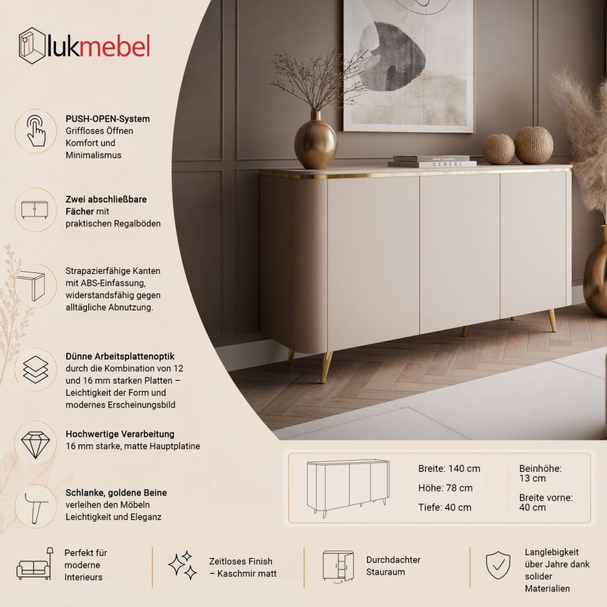 Kommode AVELINE 140 cm mit LED-Beleuchtung auf schrägen Beinen