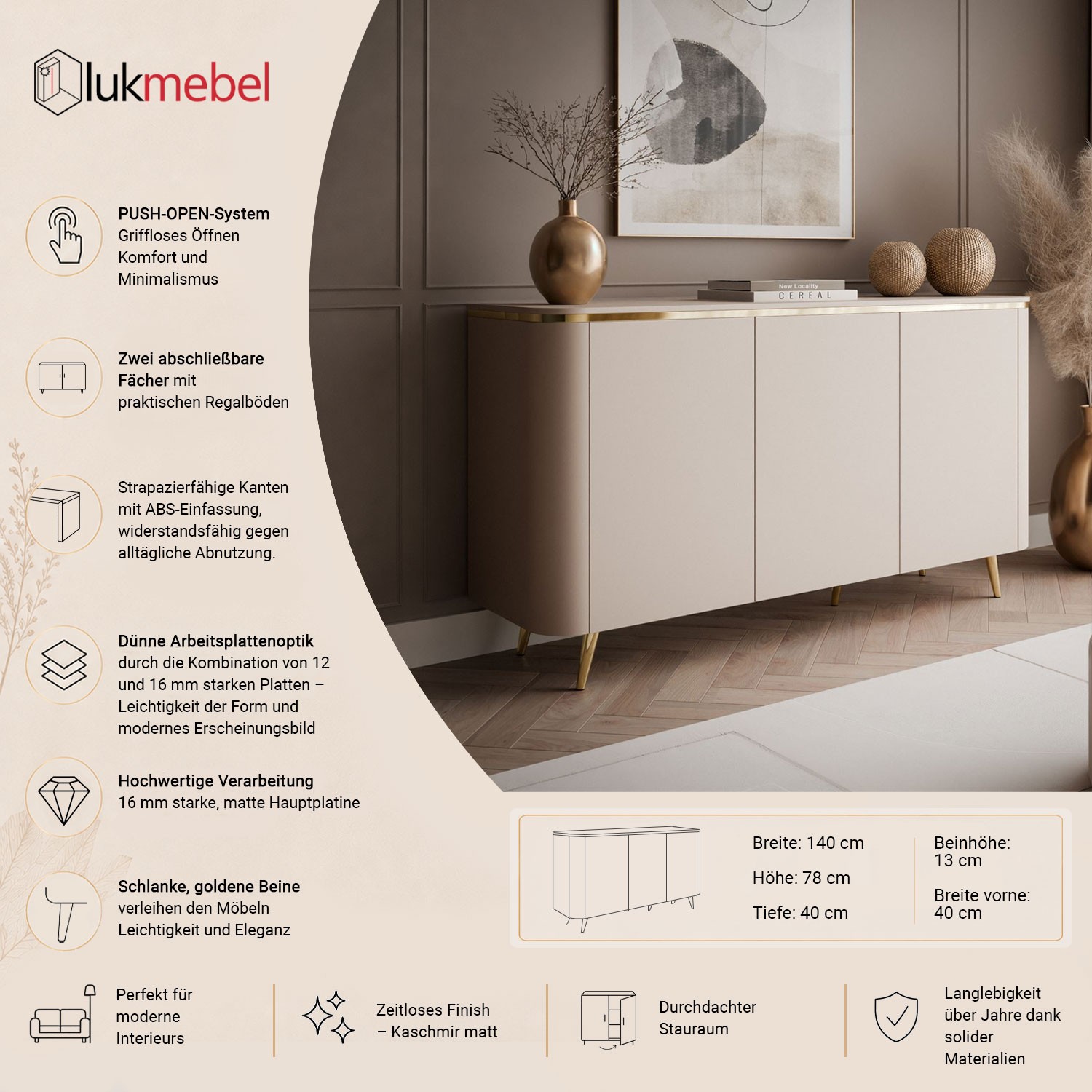 Kommode AVELINE 140 cm mit LED-Beleuchtung auf schrägen Beinen