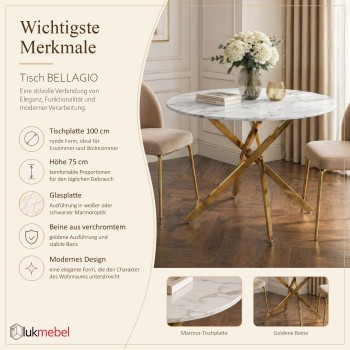 Esstisch BELLAGIO mit goldenem Untergestell