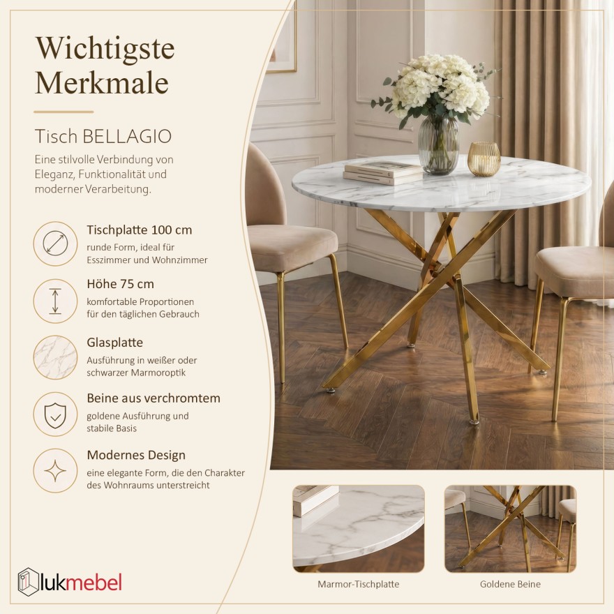 Esstisch BELLAGIO mit goldenem Untergestell