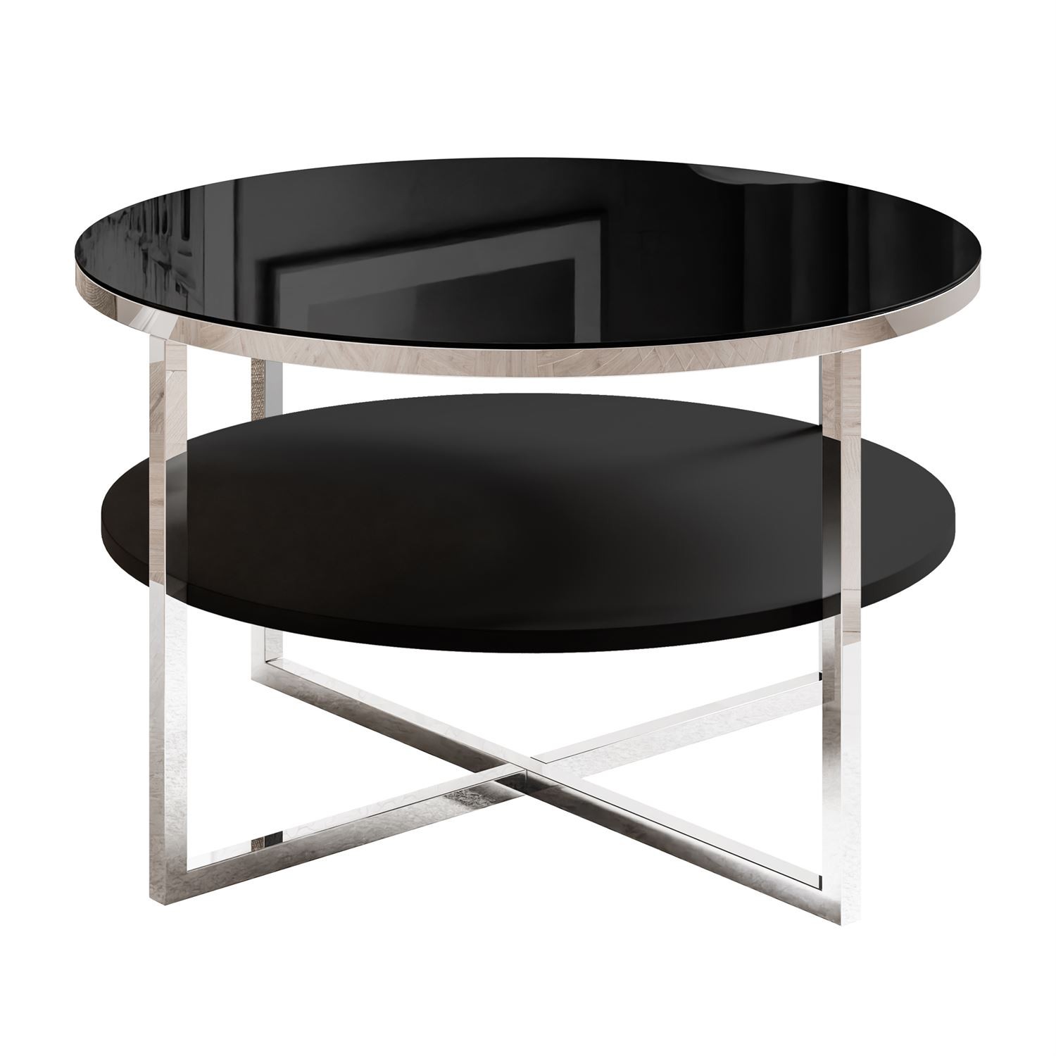 Runder Couchtisch CIRI-X GLASS mit Ablage auf einem verchromten Gestell