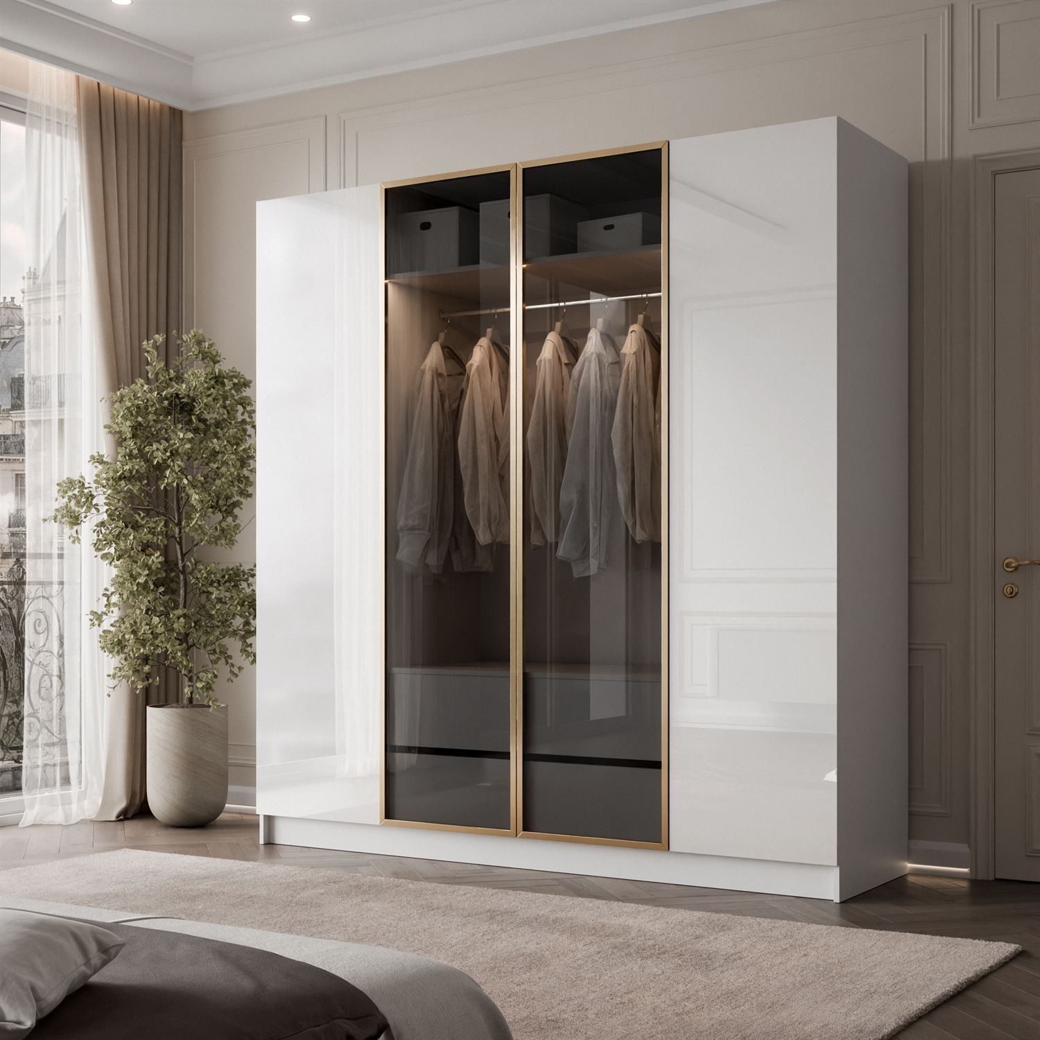 Viertüriger Kleiderschrank ATRIUM GLOSS mit Glasfront