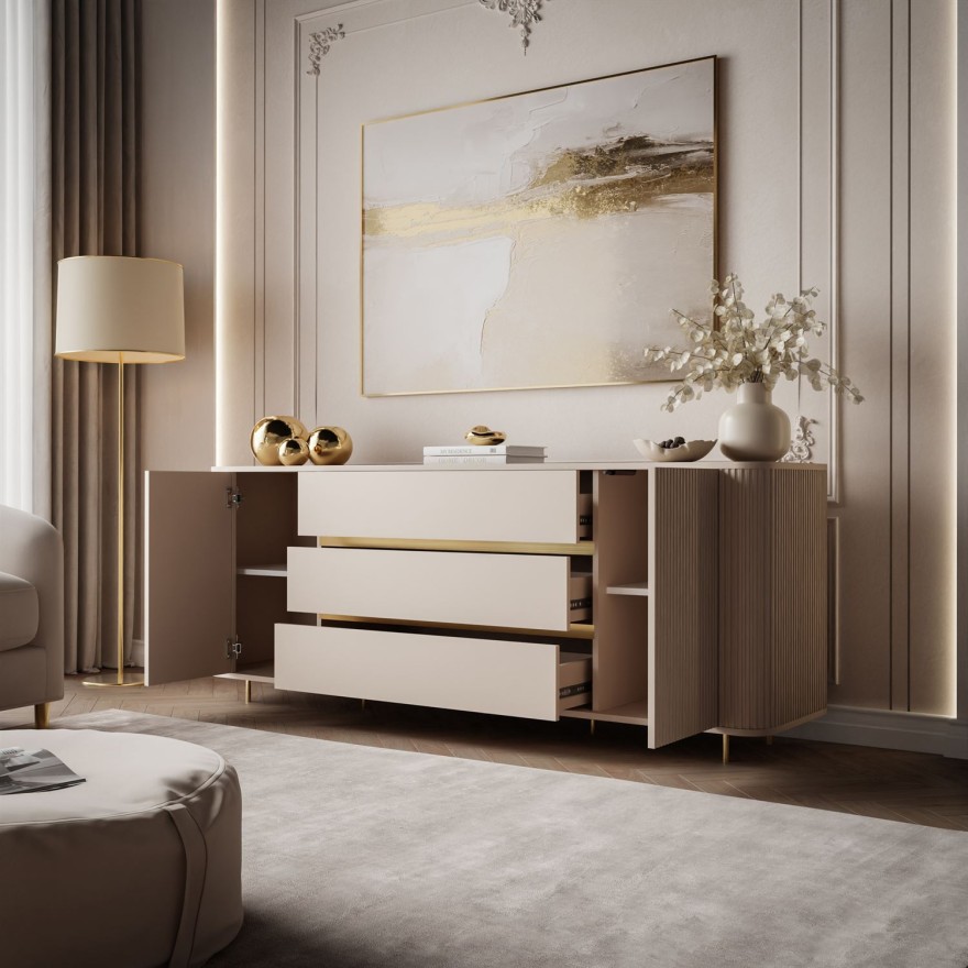 Kommode MIRAGE GOLD 2D3S mit geriffelten Seitenwänden und goldenen Details