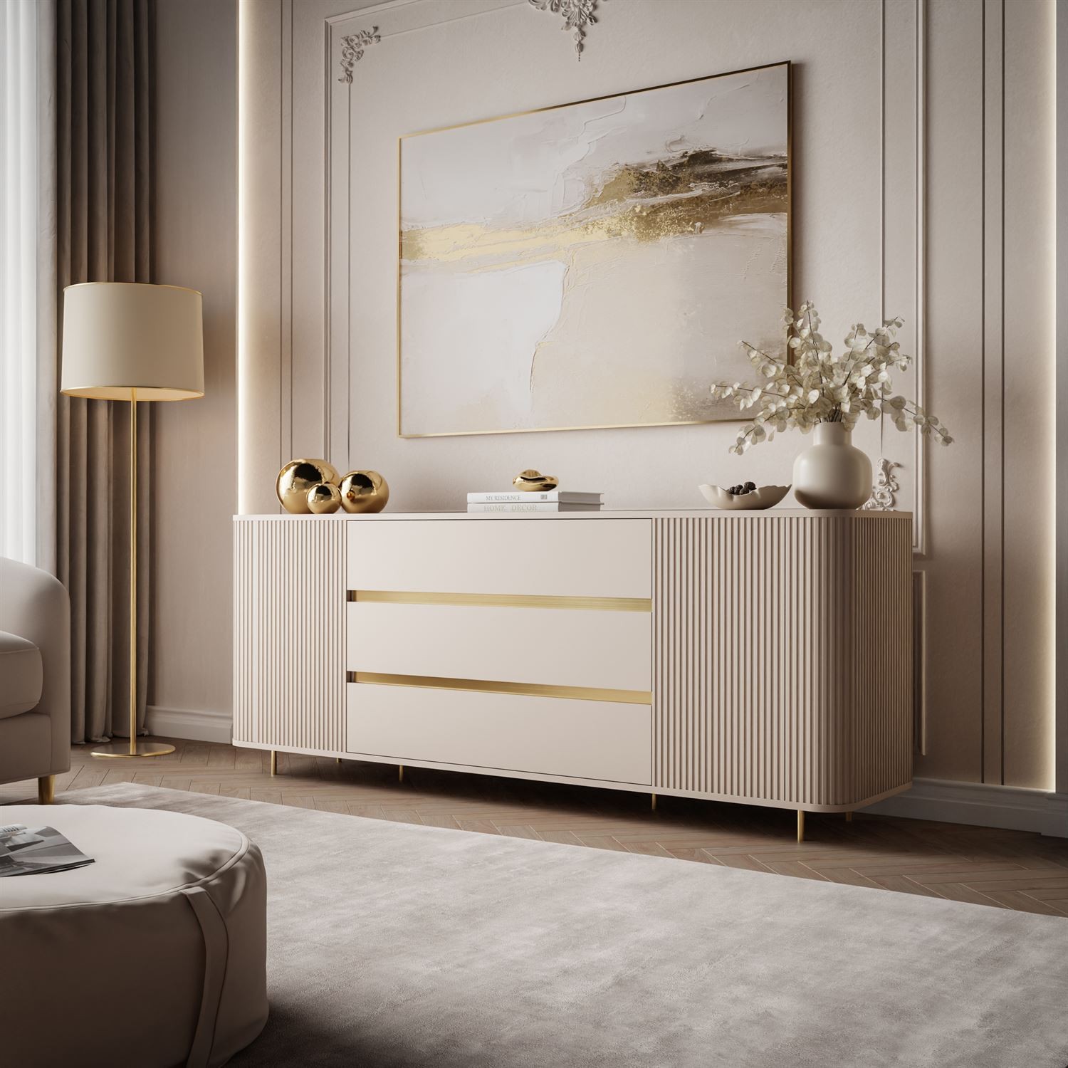 Kommode MIRAGE GOLD 2D3S mit geriffelten Seitenwänden und goldenen Details