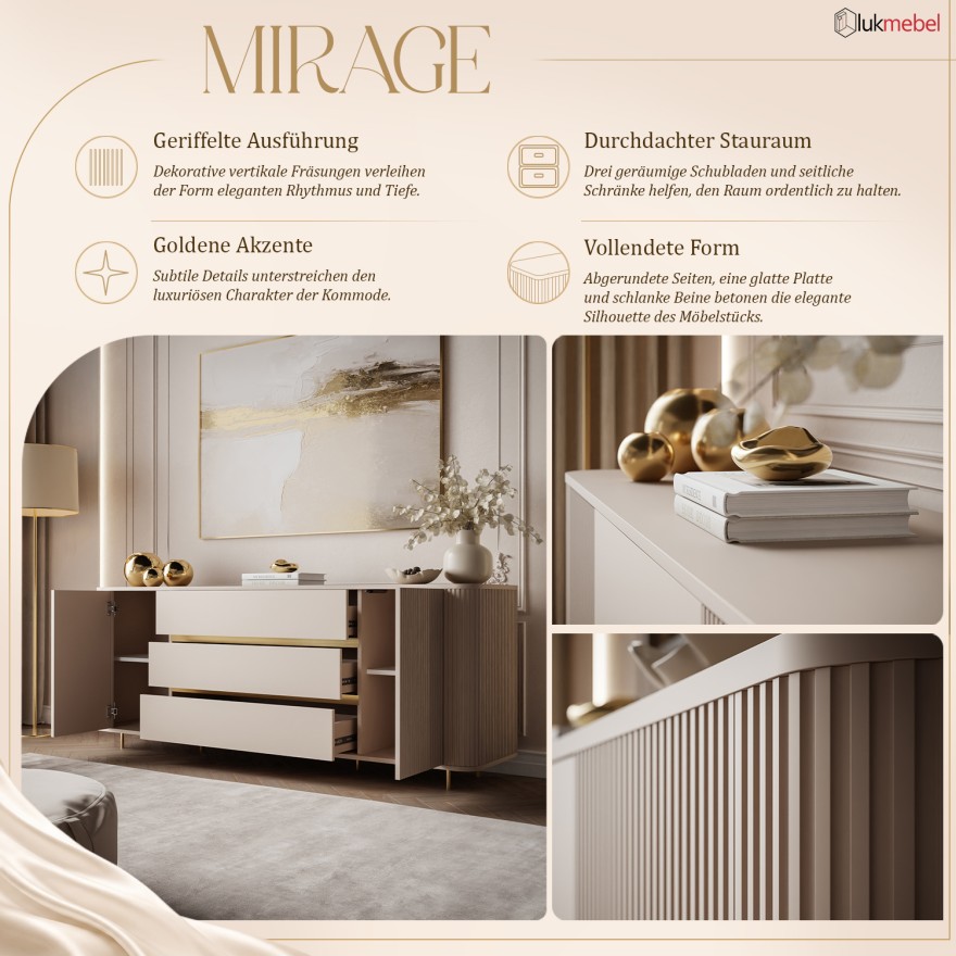 Kommode MIRAGE GOLD 2D3S mit geriffelten Seitenwänden und goldenen Details
