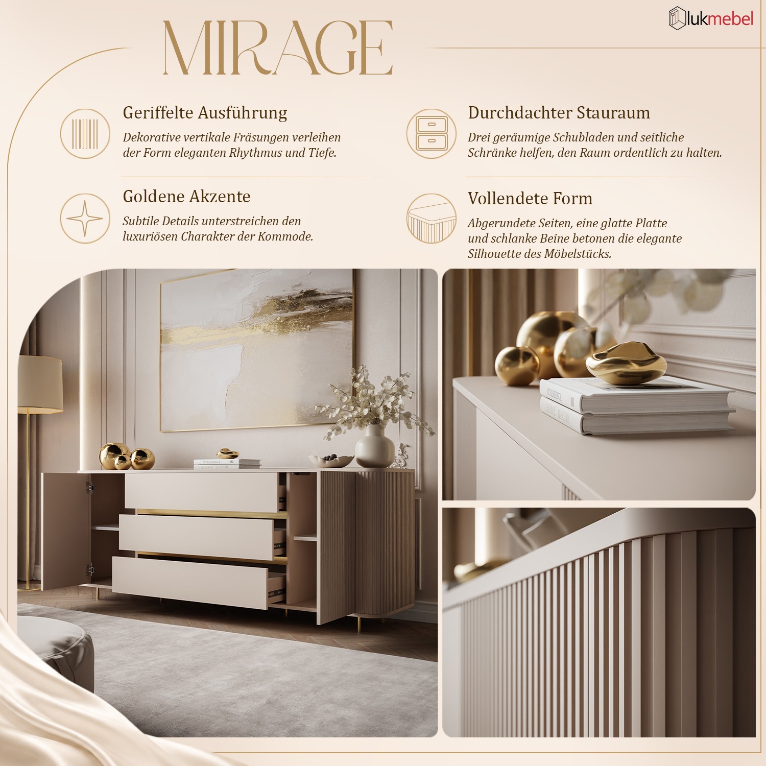 Kommode MIRAGE GOLD 2D3S mit geriffelten Seitenwänden und goldenen Details