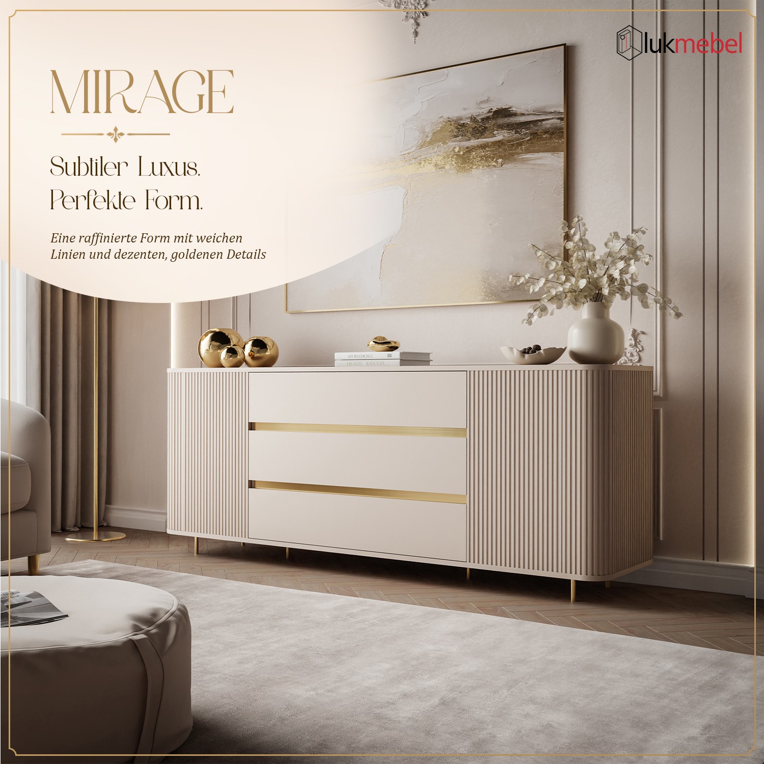 Kommode MIRAGE GOLD 2D3S mit geriffelten Seitenwänden und goldenen Details