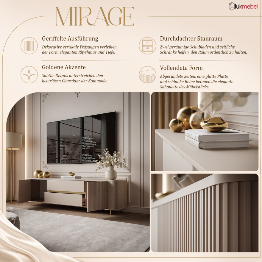 TV-Schrank MIRAGE GOLD, 180 cm, mit geriffelten Fronten