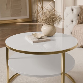 Runder Couchtisch CIRI SLIM GLASS mit Ablage auf einem goldfarbenen, gebürsteten Gestell