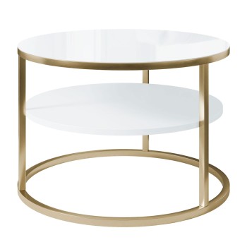 Runder Couchtisch CIRI SLIM GLASS mit Ablage auf einem goldfarbenen, gebürsteten Gestell