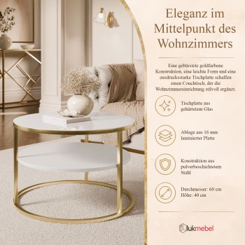 Runder Couchtisch CIRI SLIM GLASS mit Ablage auf einem goldfarbenen, gebürsteten Gestell