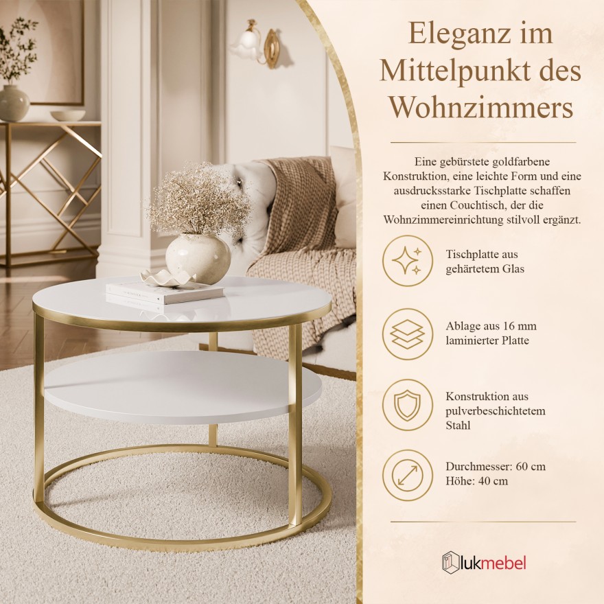 Runder Couchtisch CIRI SLIM GLASS mit Ablage auf einem goldfarbenen, gebürsteten Gestell