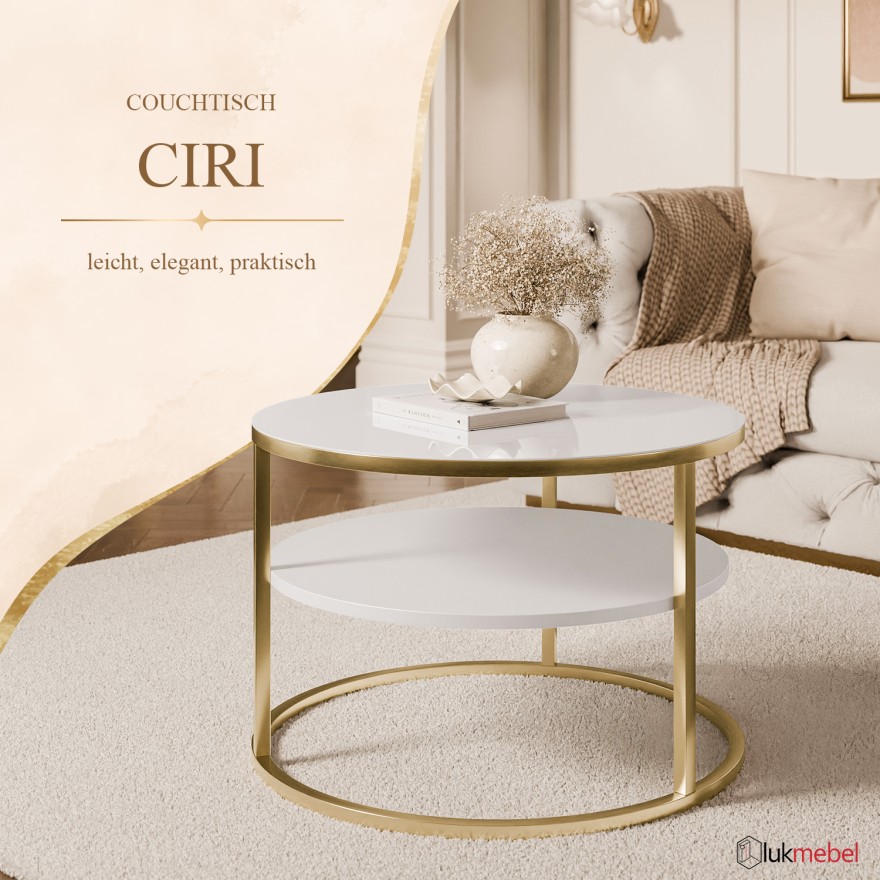 Runder Couchtisch CIRI SLIM GLASS mit Ablage auf einem goldfarbenen, gebürsteten Gestell